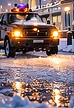 Servicebil med varningsljus vid halkinsats en vinterkväll