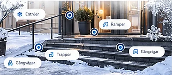 Entré med trappor, ramper och gångvägar som riskzoner för halka