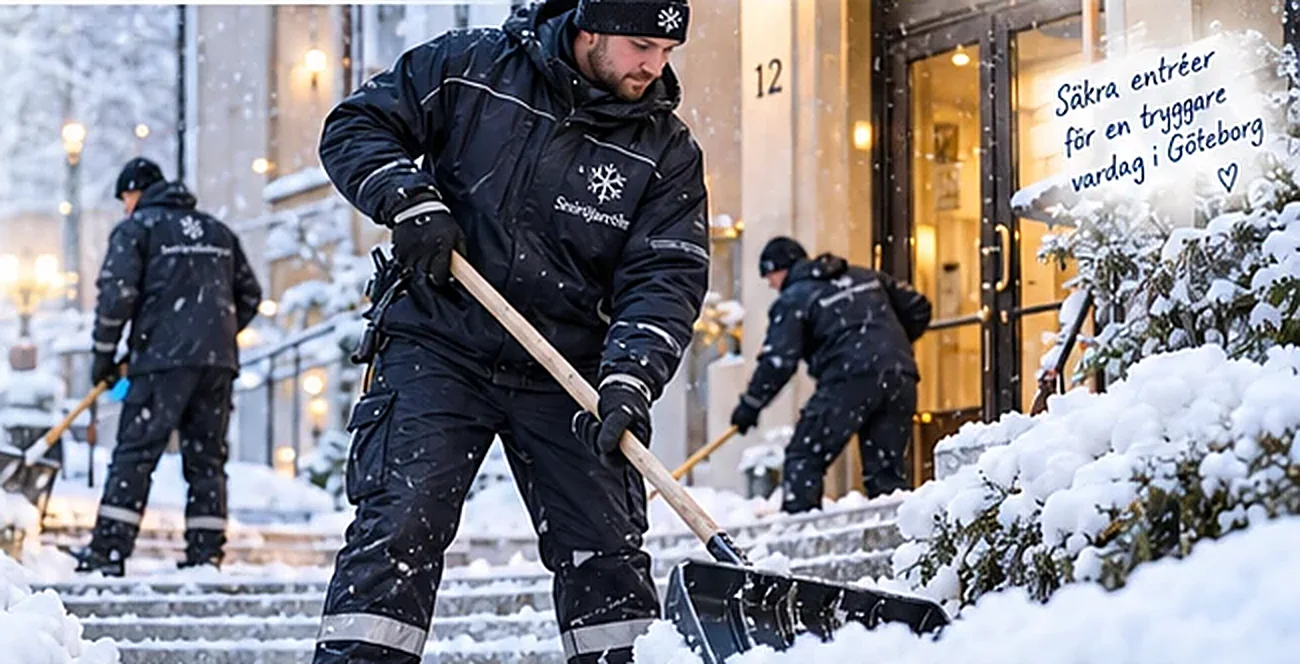 Snöröjare skottar en trappa för hand framför en entré i Göteborg