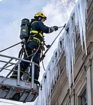 Snöröjare med hjälm tar bort istappar från fasad med skylift