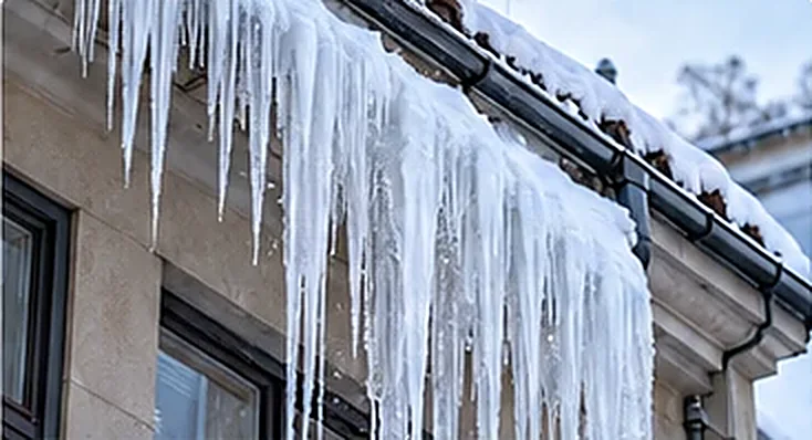 Stora istappar längs takfoten på ett flerbostadshus