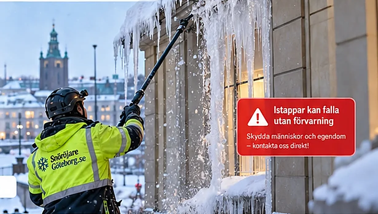 Snöröjare tar bort istappar från en fasad med långskaft i Göteborg