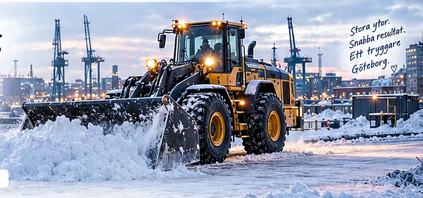 Hjullastare med snöblad röjer en stor yta i Göteborgs hamn