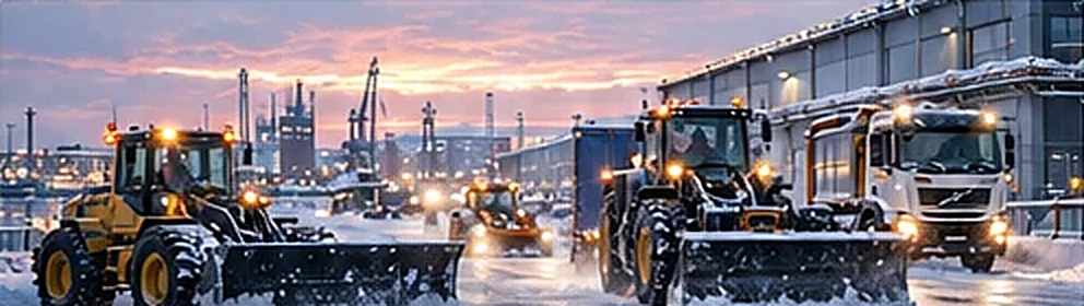 Flera snöröjningsmaskiner i arbete på en industriyta i skymningen