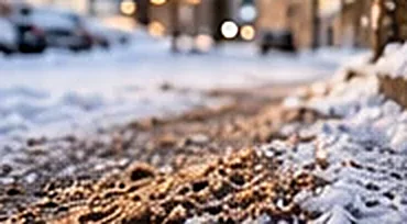 Stenflis utspridd på en snöig gångväg