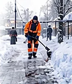 Snöröjare skottar en trappa i Göteborg