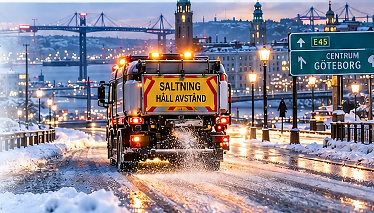 Saltbil sprider salt på en väg in mot centrala Göteborg en vinterkväll